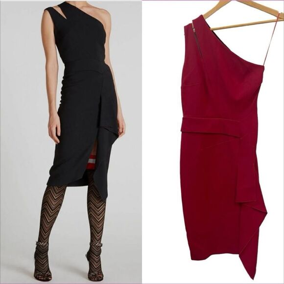 ROLAND MOURET Cutout One-Shoulder Asymmetric Drape Fitted Dress in Burgundy - Picture 2 of 11
